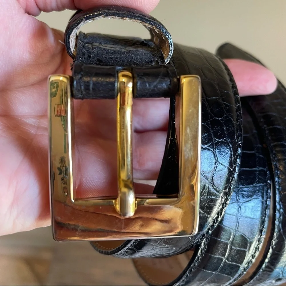 Talbots Genuine Italian Leather belt black gold-tone buckle Large Crocod…
